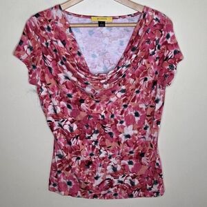 St. John | Pink Peach Floral Short Sleeve Draped Neck Top Size Small